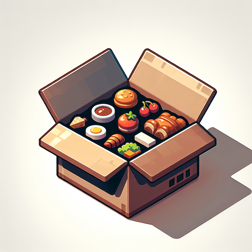 Box of food.
Single Game Texture.  In-Game asset.  2d.  Blank background.  High contrast.  No shadows
