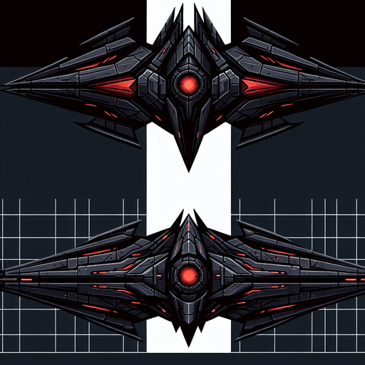 A 2D top-down view of an alien spaceship with a dark metallic body, glowing red energy cores, and sharp angular wings. The design is sleek and futuristic, suitable for a space shooter game..
Single Game Texture.  2d.  Blank background.  High contrast.  No shadows