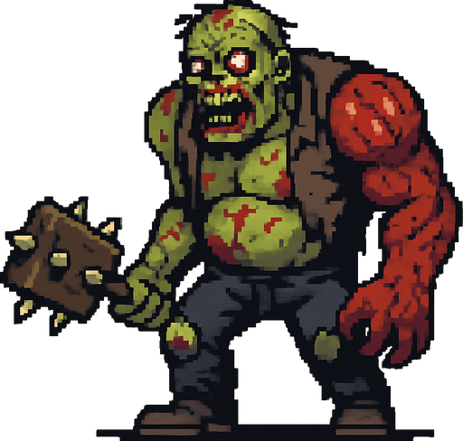 Post Apocalyptic boss zombie pixel art less pixel.
In-Game asset.  2d.  High contrast.  No shadows