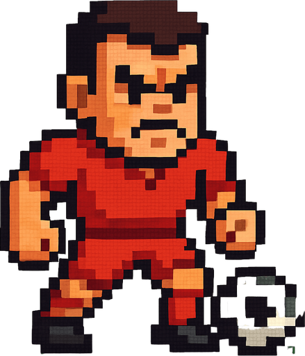 angry lookin red suit pixelart soccer player.
In-Game asset.  2d.  High contrast.  No shadows