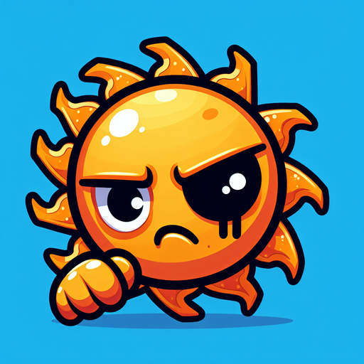 bright sun with wincing cartoon face and a black eye.
Single Game Texture.  In-Game asset.  2d.  Blank background.  High contrast.  No shadows