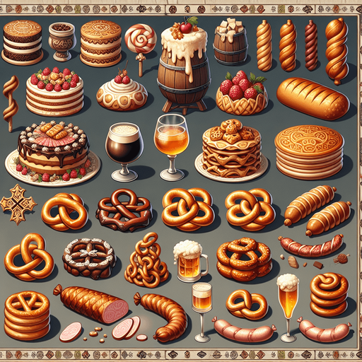 A spritesheet full of different delicious medieval cakes, snacks, pretzels, sausages, hams, and beverages..
Single Game Texture. In-Game asset. 2d. Blank background. High contrast. No shadows.