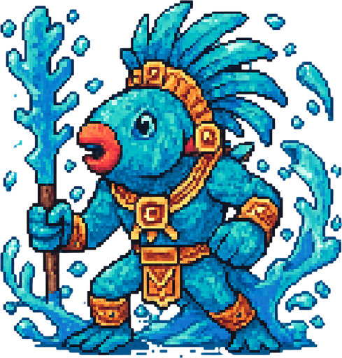 Generame un guerrero azteca con patrones, estilo pixelar, además será una Pez loro, con efectos de AGUA.
In-Game asset.  2d.  High contrast.  No shadows