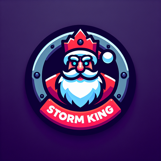 Icon for a santa as a storm king on a circle, with the text „Storm King“ at top, cartoon, christmas style Single Game Texture. In-Game asset. 2d. Blank background. High contrast. No shadows.