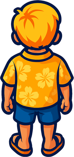 A young boy with a yellow Hawaiian style shirt and sandals. No hat. Blonde hair.