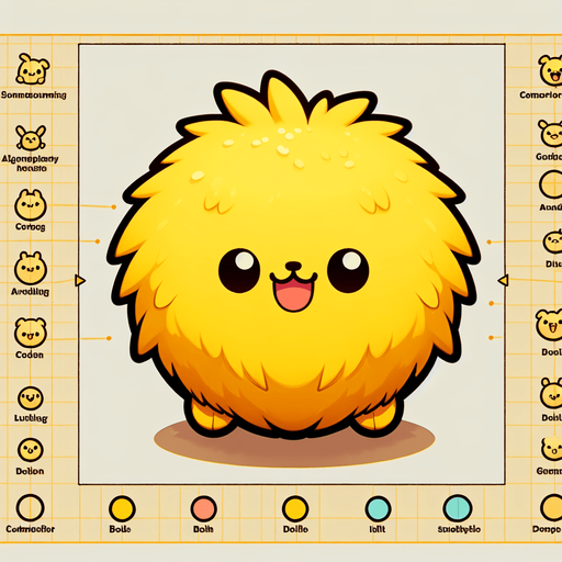 a yellow furry cuddly ball of fur. little feet. No ears. cute happy face. Cartoon style. Cute art style. Simple vector style. Pastel colors, flat shaded, vector art. Single Game Texture. In-Game asset. 2d. Blank background. High contrast. No shadows