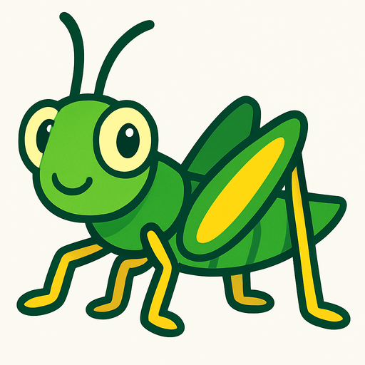 yeşil ve sarı renkli sevimli çekirge.
In-Game asset.  2d.  High contrast.  No shadows