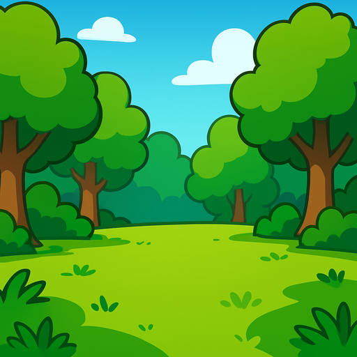 a cartoon style 3d image of a green meadow with trees on the edges and a clearing in the middle..
In-Game asset.  2d.  High contrast.  No shadows