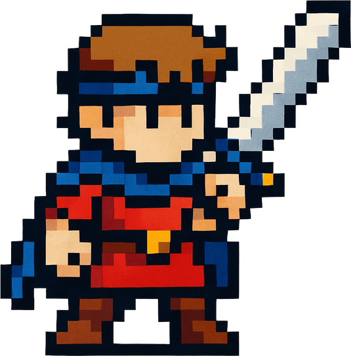 2d hero swordsman pixel sprite.
In-Game asset.  2d.  High contrast.  No shadows