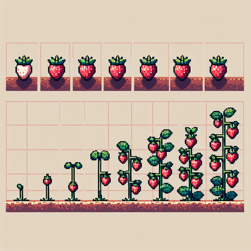 A spritesheet showing a strawberry plant in various stages of germantion, from seed over sapling and to full grown plant with ripe strawberries. The sprites should be laid out in a rectangular grid with blank space between them..
Single Game Texture. In-Game asset. 2d. Blank background. High contrast. No shadows.