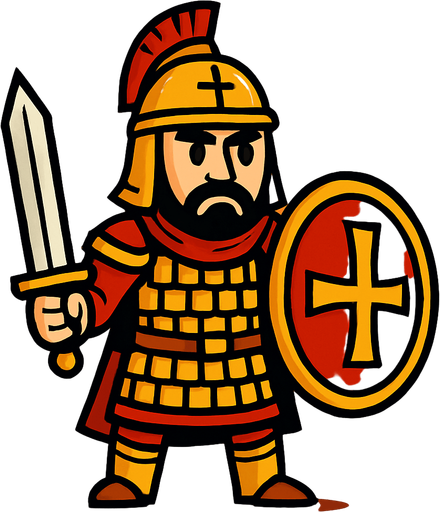 Animasyon çizgi dizi tarzında bir bizans askeri.
In-Game asset.  2d.  High contrast.  No shadows