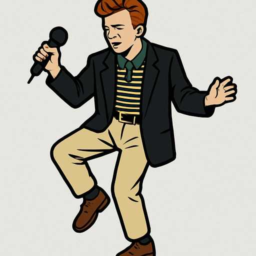 Realistic MEME of Rick Astley dancing with mic.
In-Game asset.  2d.  High contrast.  No shadows