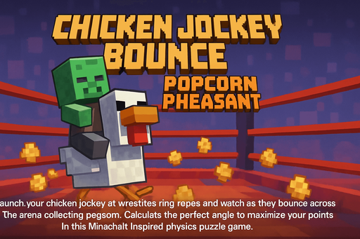 Fullscreen modern App Store landscape banner, 16:9, high definition, for a game titled "Chicken Jockey Bounce: Popcorn Pheasant " and with the description "Launch your chicken jockey at wrestling ring ropes and watch as they bounce across the arena collecting popcorn. Calculate the perfect angle to maximize your points in this Minecraft-inspired physics puzzle game.". Chicken Jockey text on banner! Add baby zombie riding the chicken