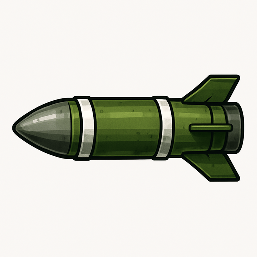 Füze, gerçekçi, yandan görünüm, yazısız.
In-Game asset.  High contrast.  No shadows