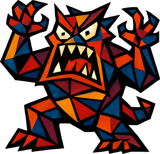 Aşırı kızgın, kübizm tarzında bir canavar çiz..
In-Game asset.  2d.  High contrast.  No shadows