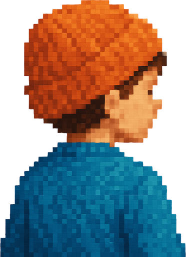 pixel mavi kazaklı yüzü dönük çocuk yap. beresi turuncu olsun