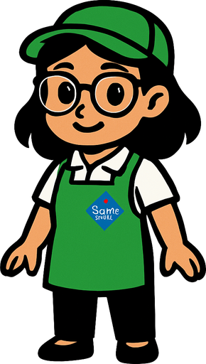 Es una trabajadora de sams club, tierna bonita de lentes con gorra verde y mandil verde, playera polo blanca y pantalon negro.
In-Game asset.  High contrast.  No shadows