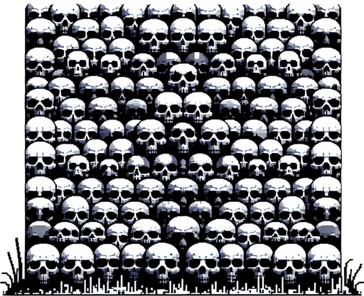 a collection of skulls arranged in horizontal rows.
Single Game Texture.  In-Game asset.  2d.  Blank background.  High contrast.  No shadows