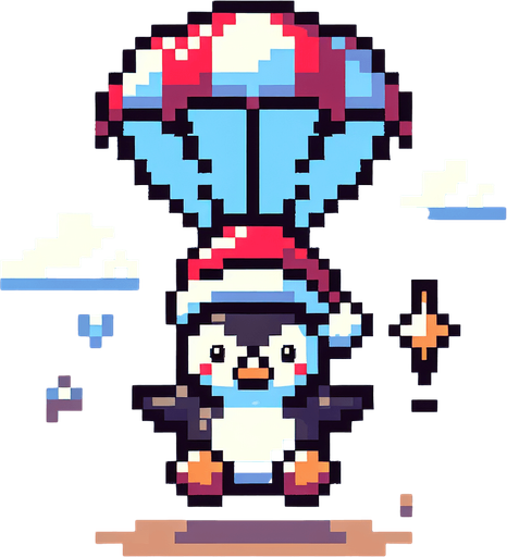 cute angry parachuting penguin wearing a santa hat. pixelated. 8 bit..
Single Game Texture. In-Game asset. 2d. Blank background. High contrast. No shadows.