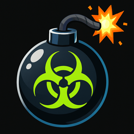 fitili ateşlenmiş parlak üzerinde yeşil tehlike işareti olan siyah bomba.
In-Game asset.  2d.  High contrast.  No shadows