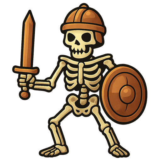 Skeleton with copper sword, copper helmet and copper shield.
In-Game asset.  2d.  High contrast.  No shadows