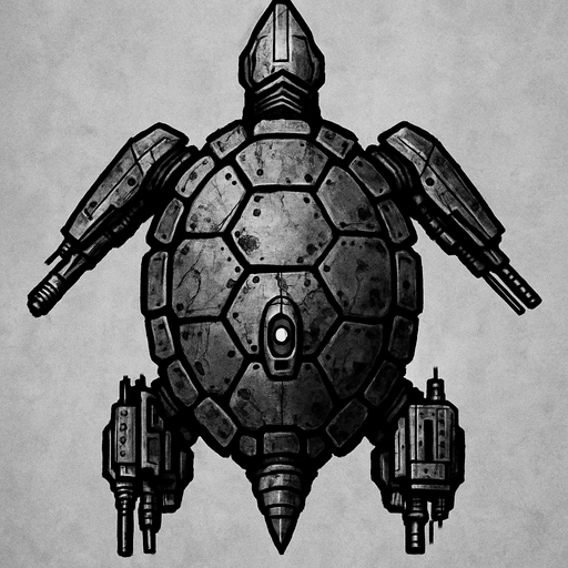 vertical top down gray burn robotic turtle scifi war submarine.
In-Game asset.  2d.  High contrast.  No shadows