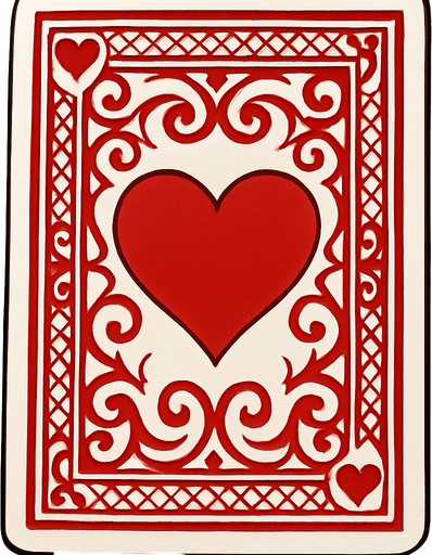 The back of a playing card. Red pattern with a heart in the center. Anime style..
In-Game asset.  2d.  High contrast.  No shadows