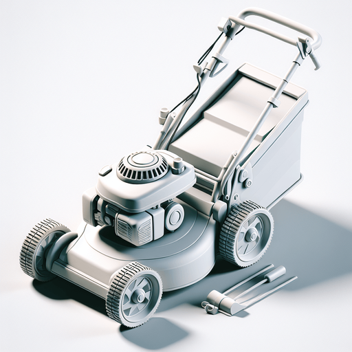 White lawnmower.
Single Game Texture.  In-Game asset.  2d.  Blank background.  High contrast.  No shadows
