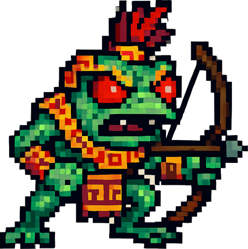 Genérame una Rana de Cristal  guerrero azteca con eso patrones, estilo pixelar, con una apariencia maligna, ojos rojos, rabioso. Unidad a distancia, con un arco o cerbatana. Animal.
In-Game asset.  2d.  High contrast.  No shadows