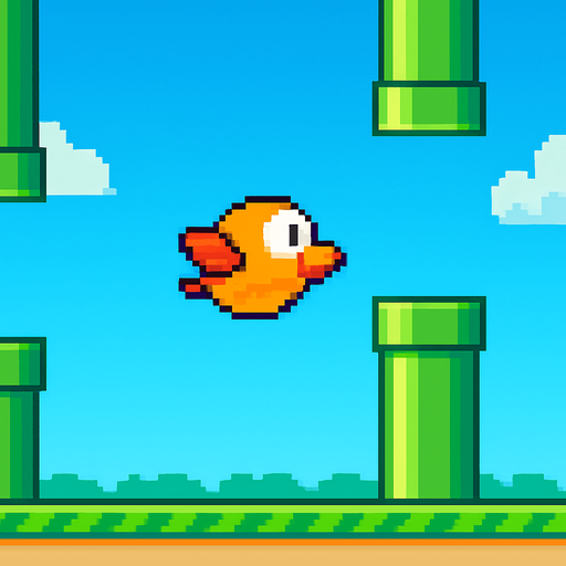 Fullscreen modern App Store landscape banner, 16:9, high definition, for a game titled "Flappy Flight" and with the description "Guide a bird through gaps in pipes by tapping to flap and avoid obstacles. Score points for each successful pass.". No text on banner! pixel