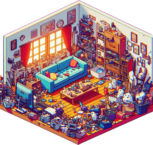 dağınık bir oturma odası, odanın içinden görünüm. 3d renkli anime, çizgi film