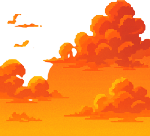 Sunset sky, orange and pink clouds, golden hour atmosphere, warm gradient background, 2D pixel art.
In-Game asset.  2d.  High contrast.  No shadows