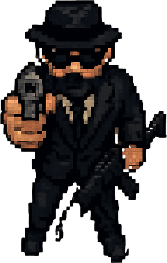 sicario vestido de negro hecho con pixeles y con armas con perspectiva desde arriba visto de frente apuntando con un arma