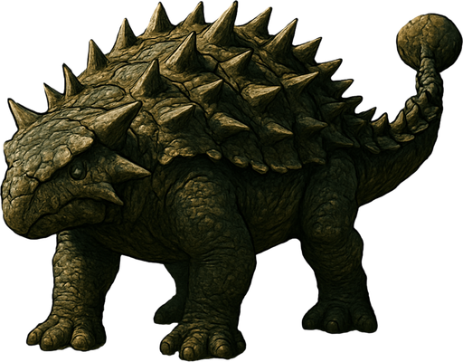 A large, heavily armored Ankylosaurus dinosaur standing in a prehistoric forest. Its body is covered with thick, bumpy, dark brown and olive-green armored plates and sharp spikes along its sides and back. The dinosaur has a broad, low head with small eyes and a short snout. Its massive tail ends with a large, club-like bony knob, ready to swing. The scene is lit by soft sunlight filtering through dense ancient conifers, with ferns and cycads on the ground. The texture of the skin is rough and scaly, showing detailed scales and scars from past battles. The overall style is realistic with natural colors and detailed textures, emphasizing the dinosaur’s power and defense..
In-Game asset.  2d.  High contrast.  No shadows