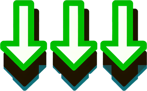 Three green arrows pointing down..
Single Game Texture. In-Game asset. 2d. Blank background. High contrast. No shadows.