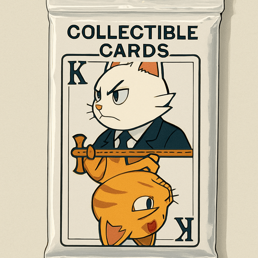 A booster pack of collectible cards in the plastic packaging. On the package is a picture of these two cats as if they are the King on a card in a deck of regular playing cards. The white one is on top facing left and the bottom one is the mirror facing right, side profile, just like a king on a regular playing card. There is a K in the top left corner to mark the King, but no suit.