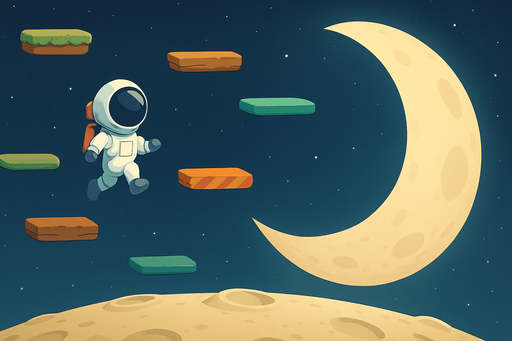 Fullscreen modern App Store landscape banner, 16:9, high definition, for a game titled "Jump Up: Sonsuz Platform Macerası" and with the description astronot in the moon"Karakterin otomatik zıpladığı, sağ-sol yönlendirme ile platformlarda yükseldiğin sonsuz bir parkur oyunu. Platformlar rastgele ve benzersiz şekilde oluşur.". No text on banner!