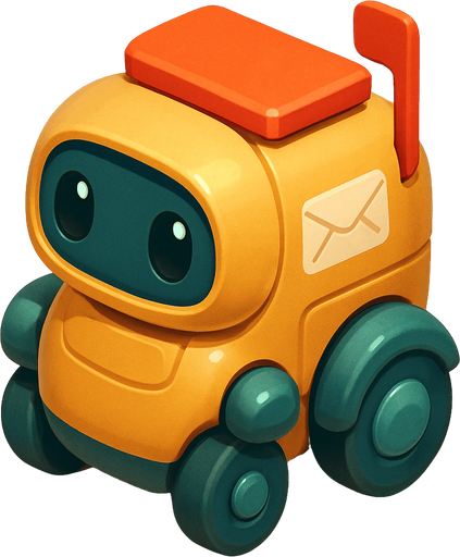A mail delivery robot. Cute soft graphics. soft ambient light. semi-matte to satin surfaces. naturalistic with slight saturation boost colors. 
In-Game asset.  2d.  High contrast.  No shadows. top down.