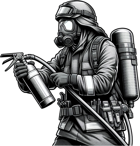 firefighter using fire extinguisher
Single Game Texture.  In-Game asset.  2d.  Blank background.  High contrast.  No shadows