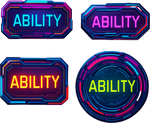 Buttons have text 'Ability'. cyberpunk. abstract. Futuer. different colors. HD colors. yellow background