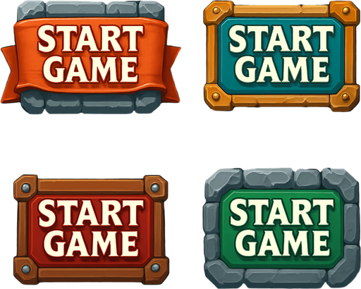 Medieval "start game" buttons. HD colors. 
In-Game asset.  High contrast.  No shadows. 3D