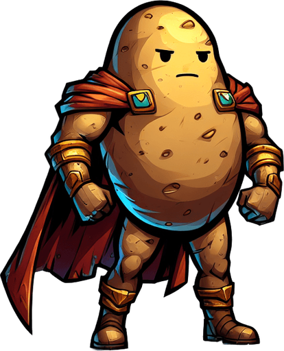 A heroic potato.
Single Game Texture. In-Game asset. 2d. Blank background. High contrast. No shadows.