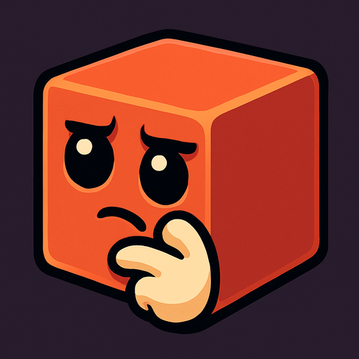 The cube of this game should look like it's thinking and its color should stay the same, it should have no feet or hands and its face should look like 3D..
In-Game asset.  2d.  High contrast.  No shadows
