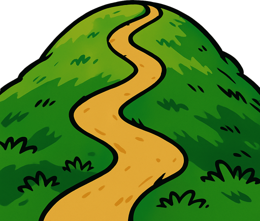 Cima de una colina redondeada con un sendero que lleva a la cima, mucho césped.
In-Game asset.  2d.  High contrast.  No shadows