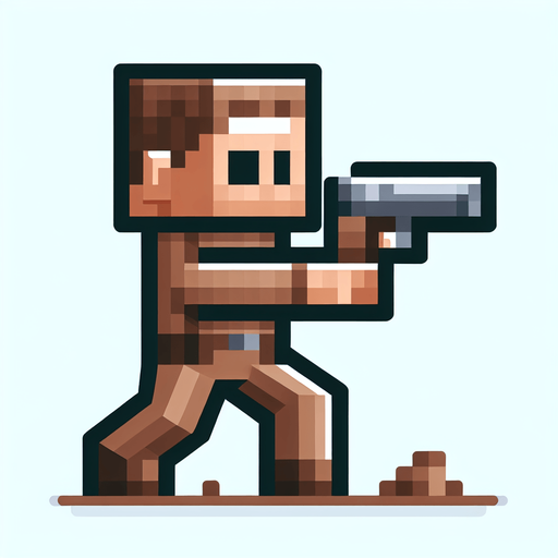Brown block shooting a gun 2d.
Single Game Texture. In-Game asset. 2d. Blank background. High contrast. No shadows.