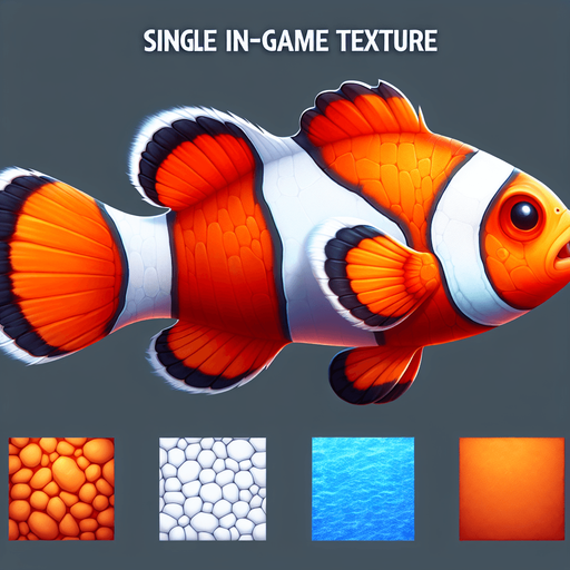 A realistic clownfish swiming to the right.
Single Game Texture. In-Game asset. 2d. Blank background. High contrast. No shadows.