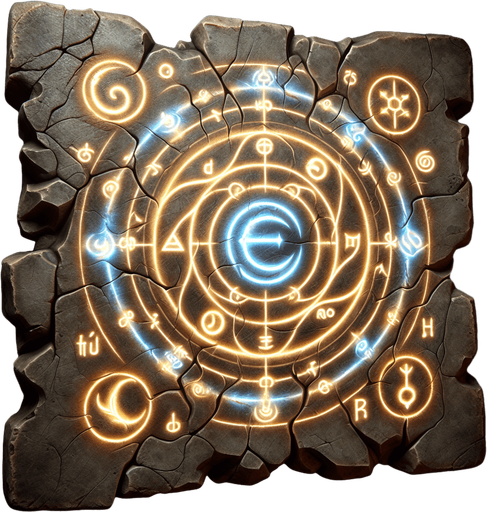 a cracked stone tablet or ancient scroll depicting elemental symbols with a subtle glow..
Single Game Texture.  In-Game asset.  2d.  Blank background.  High contrast.  No shadows