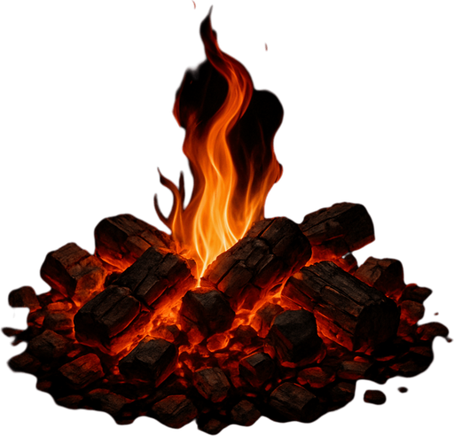 Brasas con llama, algo realista.
In-Game asset.  2d.  High contrast.  No shadows