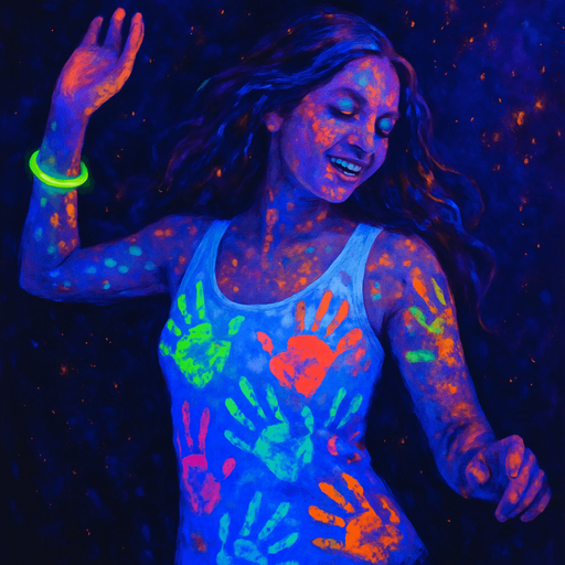 Dancing woman in a white top filled with multi-colored UV ink palm prints. UV luminous bracelet on the arm
