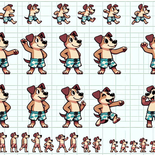 A spritesheet with a number of poses of an happy little dog in swimming trunks, smiling, walking, waiting, standing, ordering, turning, etc. all seen from the side.The spritesheet should be laid out in a rectangular grid with clear space between each individual sprite. Each sprite in the sheet should be around 300x600 pixels in size..
Single Game Texture. In-Game asset. 2d. Blank background. High contrast. No shadows.